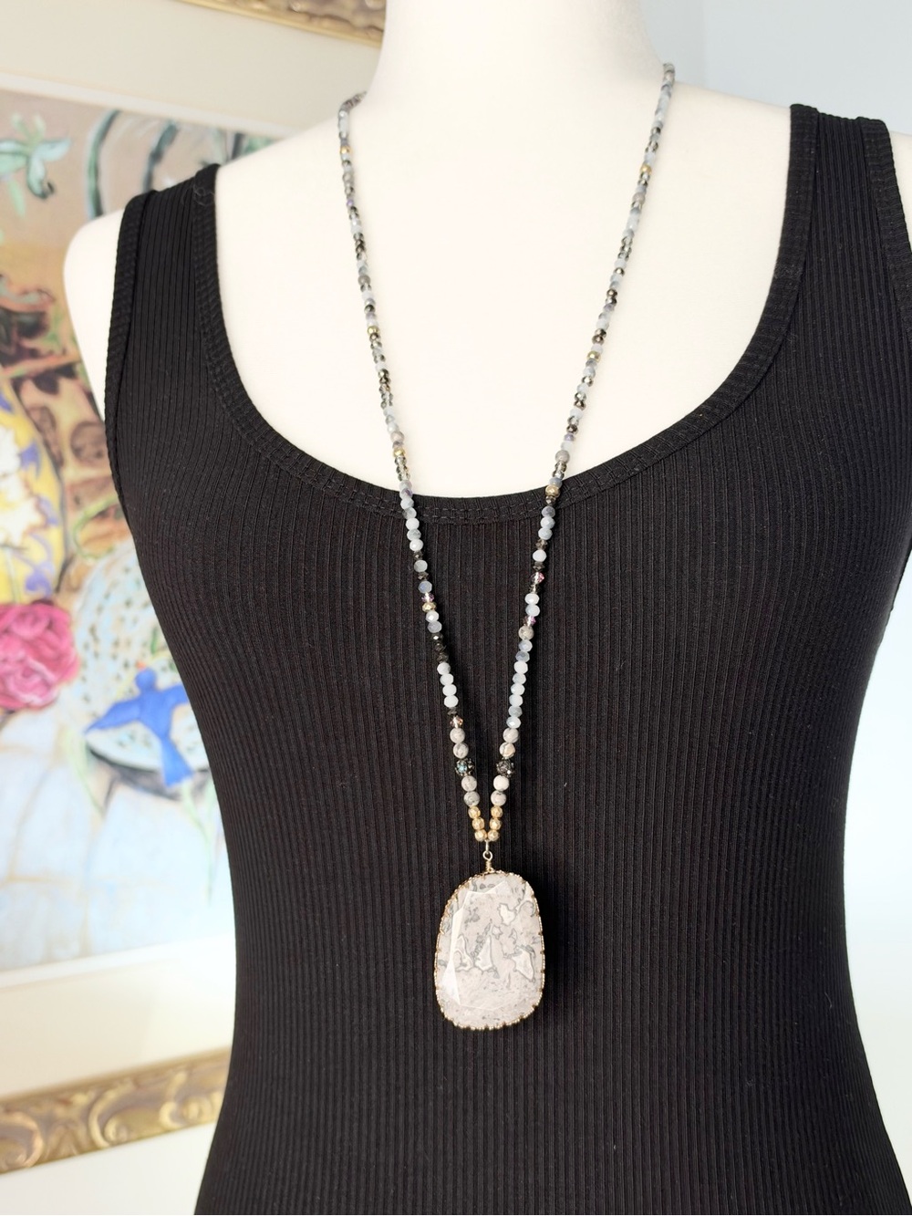 Long Beaded Necklace Gray Stone Pendant Faceted Crystal Boho Statement Gold
